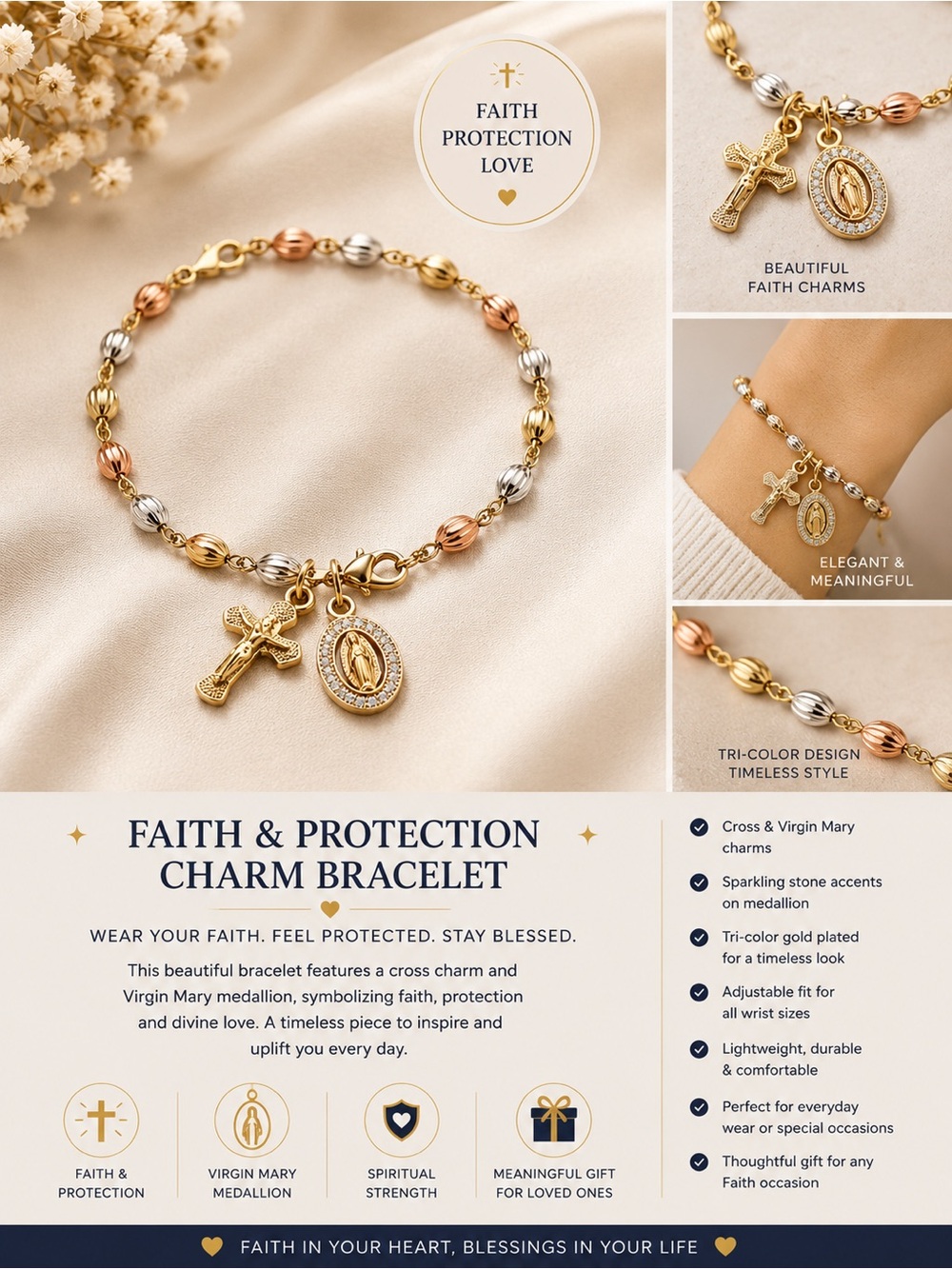 Faith & Protection Tri-Color Charm Bracelet - Cross & Virgin Mary
